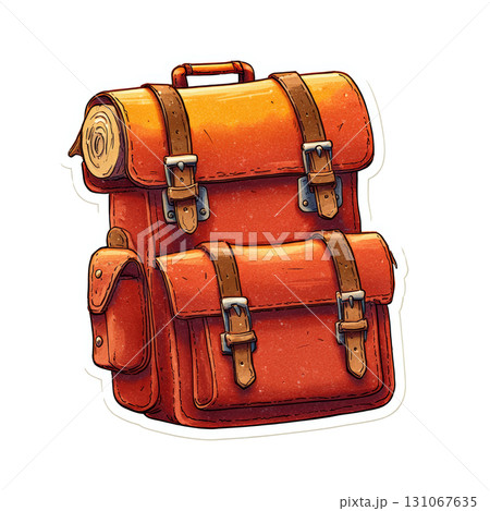 Vintage style orange backpack with rolled blanket and buckles 131067635