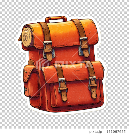 Vintage style orange backpack with rolled blanket and buckles 131067635
