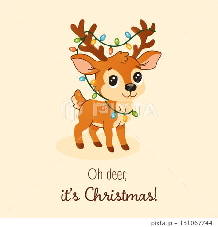 A cute deer is wearing a string of Christmas lights 131067744