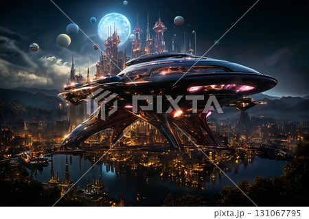 futuristic airport over the city, aerial view, cityscape, sky at sunset, aerial transportation of future 131067795