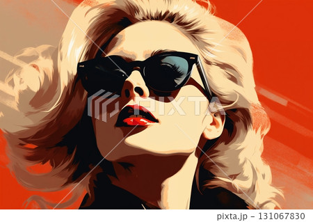 Portrait of a beautiful fashionable woman with a hairstyle and sunglasses, on a red color background. Illustrative poster in style of the 1960s Portrait of a beautiful fashionable woman with a hairstyle and sunglasses, on a red color background. Illustrative poster in style of the 1960s 131067830