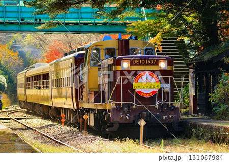 錦秋の鉄路をトロッコ列車が行く…  『トロッコわたらせ渓谷号』沢入駅にて 131067984