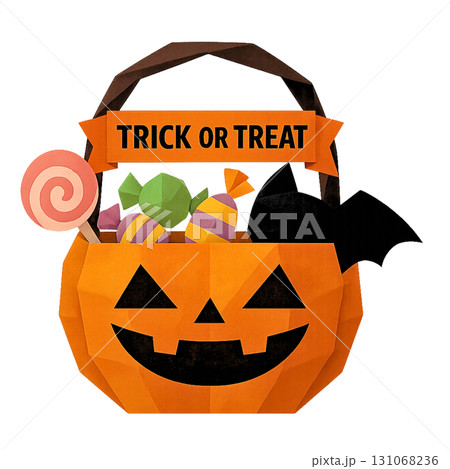 トリックオアトリート用キャンディバスケットの折り紙風立体イラスト（ハロウィン） 131068236