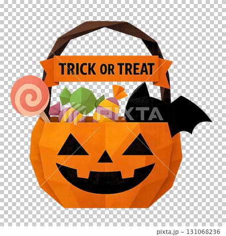 トリックオアトリート用キャンディバスケットの折り紙風立体イラスト（ハロウィン） 131068236