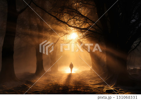 a someone is walking along trail in snowy forest, sunlight between trees, beautiful nature at sunset, winter season, beautiful landscape a someone is walking along trail in snowy forest, sunlight between trees, beautiful nature at sunset, winter season, beautiful landscape 131068331
