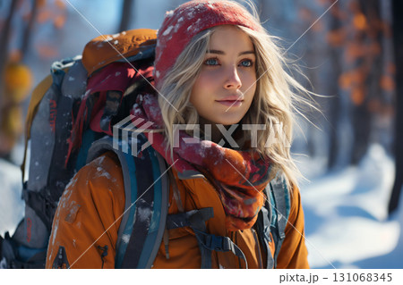 portrait of a beautiful happy woman enjoying winter season 131068345