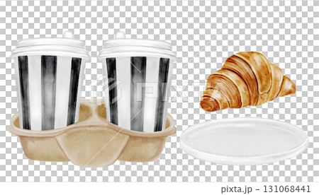 Coffee cups watercolor set. Hand drawn two glasses of hot cappuccino on a holder, plate and croissant. Food clip art. Ideal for bakery prints, postcards and pastry shop posters. 131068441