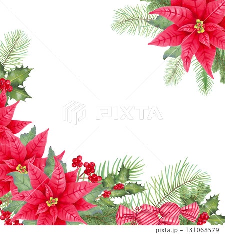 A square frame of poinsettia flowers with holly berries, pine branches, and Christmas candies. Botanical watercolor illustration. Hand drawn isolated art. Background with space for New Year's text 131068579