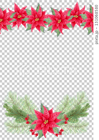 A vertical Christmas frame of poinsettia flowers with holly berries and pine branches. Botanical watercolor illustration. Hand-drawn isolated art. Background with space for New Year's text, card A vertical Christmas frame of poinsettia flowers with holly berries and pine branches. Botanical watercolor illustration. Hand-drawn isolated art. Background with space for New Year's text, card 131068580