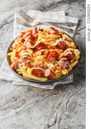 Salchipapa Peruvian Hot Dogs and French Fries with sauces closeup on the plate. Vertical 131068824