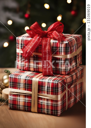 a close view of a gift boxes with a bow and ball on a festive background of lights, bokeh illuminations, Christmas tree decoration for New Year holidays, winter season 131069019