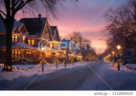beautiful view of village street in winter, exteriors of houses decorated for Christmas or New Year holiday, snow, street lights, festive environment 131069020