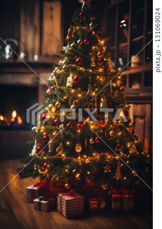 Christmas tree decorated for New Year's holiday in living room interior, with gifts and balls, dark, night, winter season 131069024