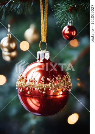 close view of a glass ball on a festive background of illumination, bokeh lights, Christmas tree decoration for New Year holidays, winter season 131069027