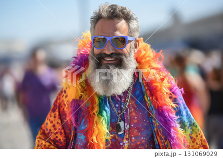 portrait of a happy man in a city street, joyful emotions, happy face 131069029