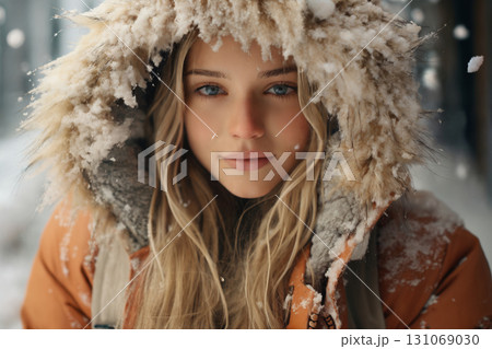 portrait of a beautiful happy woman enjoying winter season 131069030