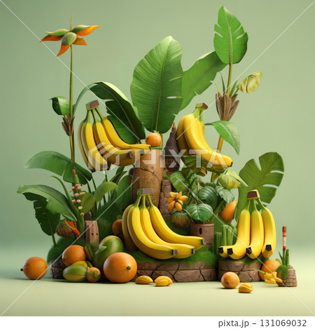 wooden cask full of bananas and other tropical fruits on a green background 131069032