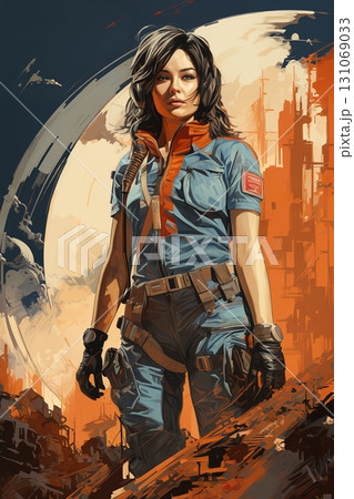 Portrait of a woman dressed in overalls, outside a factory, on an alien planet, desert and rocks, futuristic style 131069033