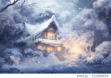 village street in winter season decorated for Christmas or New Year holiday, beautiful view of exteriors of houses , snow, sunset, street lights, festive environment 131069034