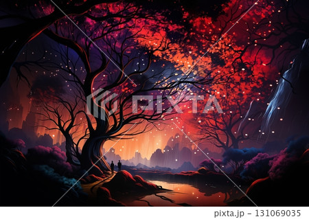 illustration of a fabulous landscape at night, a large tree with red leaves and a river, people walking along the path 131069035