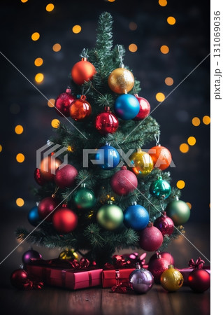 a tiny Christmas tree decorated for New Year's holiday, with gifts, on a dark background with bokeh lights illumination, winter season 131069036