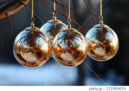 glass balls hanging on a tree branch, Christmas decoration for New Year holidays, winter season 131069054