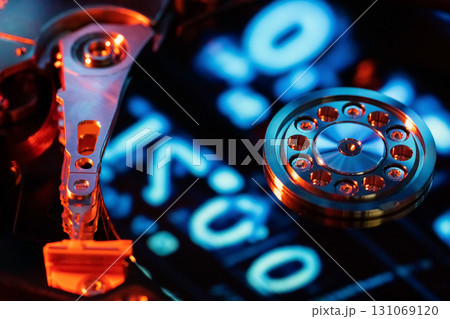 A hard disk with a blue binary code 131069120