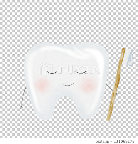 Tooth watercolor. Cute cartoon baby molar with toothbrush on isolated white background. Dental clip art. Ideal for cards and invitations to the party baby's first tooth, posters in the doctor's office 131069178