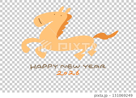 Cute hand-drawn New Year's card with a running horse 2026 handwritten text 131069249