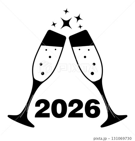 New Year 2026 Celebration with Champagne Glasses. Vector Illustration. Two champagne glasses clinking together, symbolizing a festive toast for the New Year 2026. New Year 2026 Celebration with Champagne Glasses. Vector Illustration. Two champagne glasses clinking together, symbolizing a festive toast for the New Year 2026. 131069730
