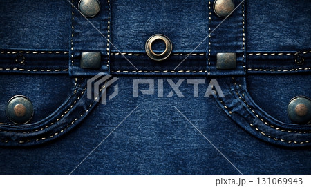 Close up of blue denim jeans shows metallic rivets and stitched pocket detailing 131069943