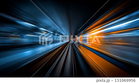 Fast Train Tunnel Abstract Blue and Orange Light Trails Perspective 131069956