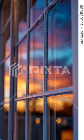 Sunset Reflection in Window Panes with White and Blurred Light 131069989