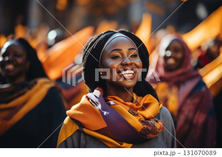portrait of a girl at a gay pride parade, happy and joyful emotions with friends, LGBT concept 131070089