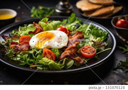 fried eggs with bacon and herbs and chopped vegetables, delicious breakfast, still life on a dark background 131070128