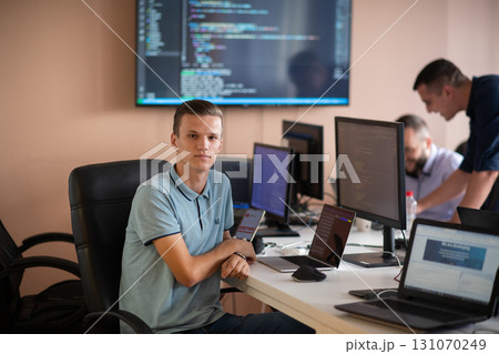 Innovating the Future: A Young Programmer Testing New Smartphone Apps in the Office. 131070249