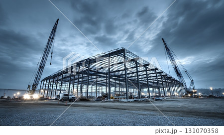Steel Building Construction Site with Cranes at Dusk Under Moody Sky Steel Building Construction Site with Cranes at Dusk Under Moody Sky 131070358
