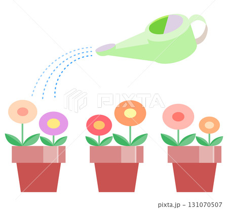 三つ並んだ丸い花の鉢植えにジョウロで水をあげているイラスト 131070507