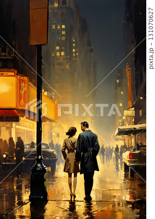 Romantic couple, man and woman, walking and embracing in a city street, at night, rainy weather, fog. Illustration, poster in the style of 1960 131070627