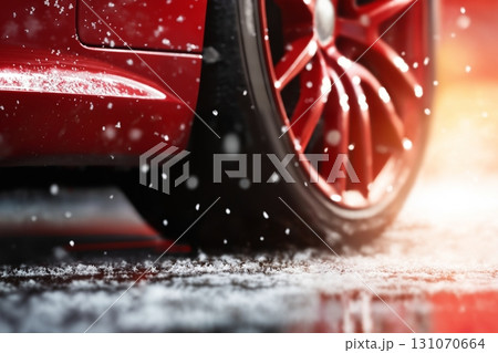 a red car wheel close-up on the background of a winter snow-covered road with ice, the concept of traffic safety on a slippery road a red car wheel close-up on the background of a winter snow-covered road with ice, the concept of traffic safety on a slippery road 131070664