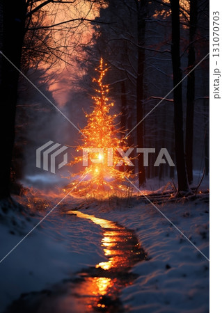 Christmas tree with decoration and illumination in evening forest, New Year's holidays, sunset, winter season 131070703