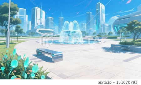 【イラスト背景】近未来の公園(朝)【4K】 【イラスト背景】近未来の公園(朝)【4K】 131070793