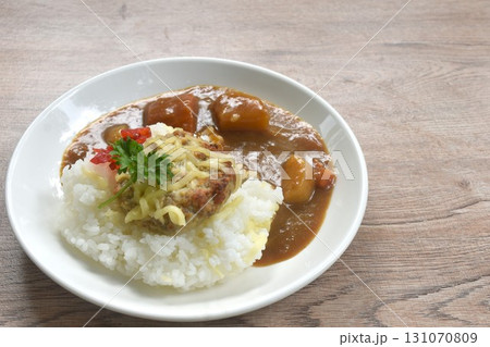 fried pork hamburg steak topping plain rice dressing potato and carrot in Japanese curry on plate fried pork hamburg steak topping plain rice dressing potato and carrot in Japanese curry on plate 131070809
