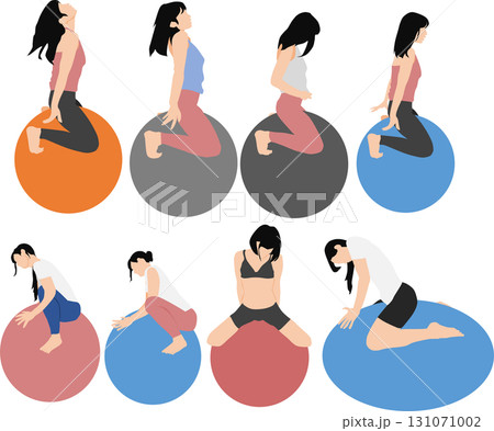 バランスボールを使ってトレーニングする女性のイラスト バランスボールを使ってトレーニングする女性のイラスト 131071002