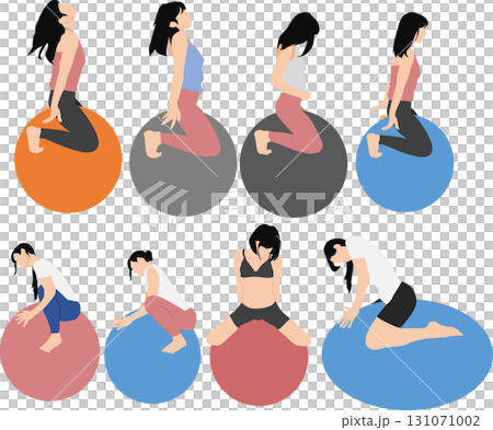 バランスボールを使ってトレーニングする女性のイラスト バランスボールを使ってトレーニングする女性のイラスト 131071002