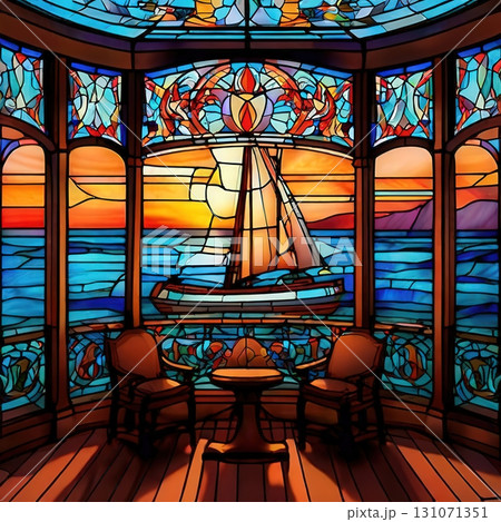 an AI Image Generator, Vibrant Stained Glass Window Featuring a Sailing Ship and Ocean Scene an AI Image Generator, Vibrant Stained Glass Window Featuring a Sailing Ship and Ocean Scene 131071351