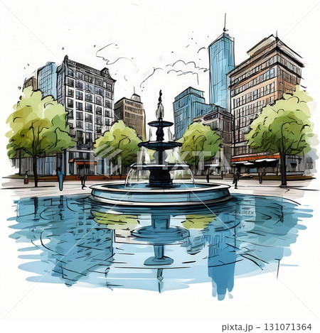 an AI Image Generator, Scenic Urban Park with Fountain Amidst Modern City 131071364