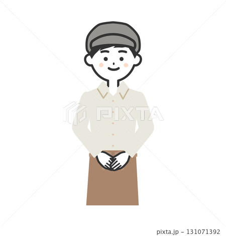 手を前で組む帽子をかぶってエプロンを付けた男性イラスト 131071392