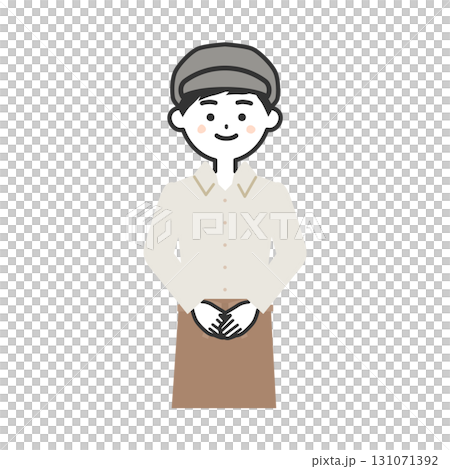 手を前で組む帽子をかぶってエプロンを付けた男性イラスト 131071392