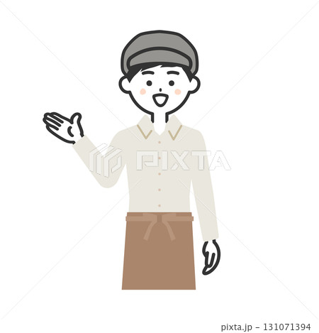 手で指す帽子をかぶってエプロンを付けた男性イラスト 131071394